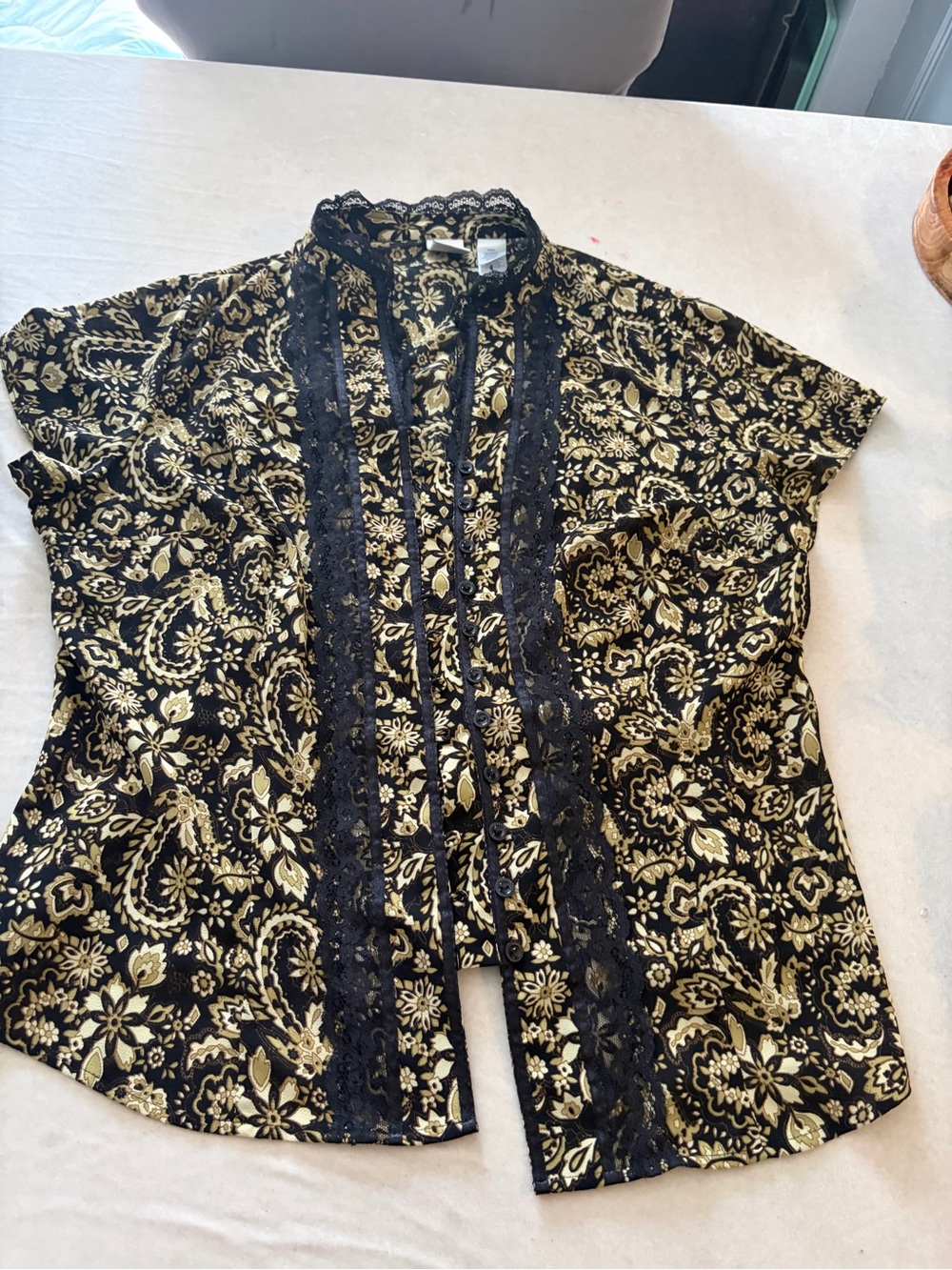 Emma James Black and Gold Floral Lace-Trim Blouse - Picture 1 of 12